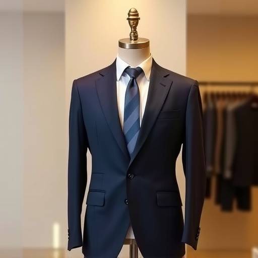 A classic navy blue single-breasted business suit on a mannequin