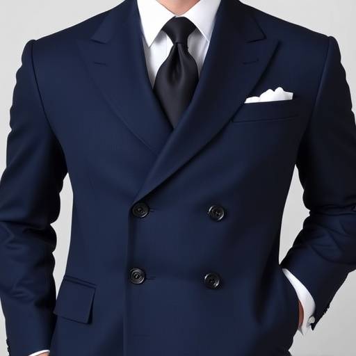 A finely tailored double-breasted business suit in classic navy, a timeless statement of sophistication.