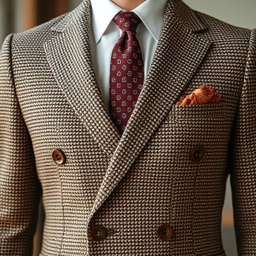 A textured tweed suit in earthy tones, offering a stylish alternative for colder seasons.