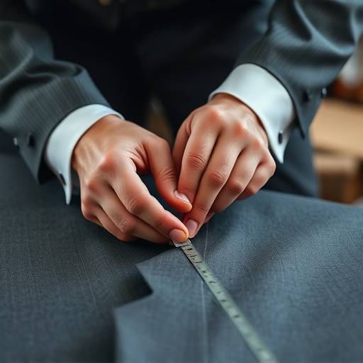 Close-up of a tailor's hands measuring fabric for a suit