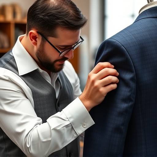 Master tailor meticulously inspecting a suit sleeve